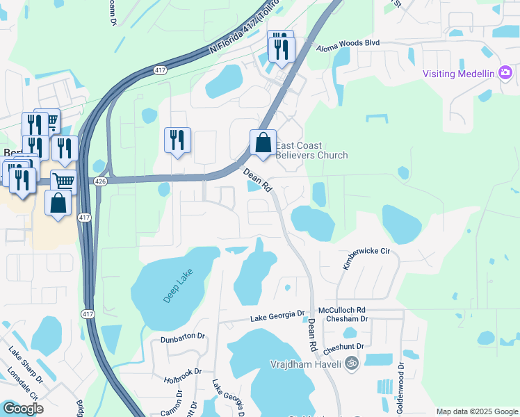 map of restaurants, bars, coffee shops, grocery stores, and more near 9880 Aloma Bend Lane in Oviedo