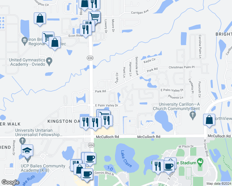 map of restaurants, bars, coffee shops, grocery stores, and more near 3817 Shaftbury Place in Oviedo