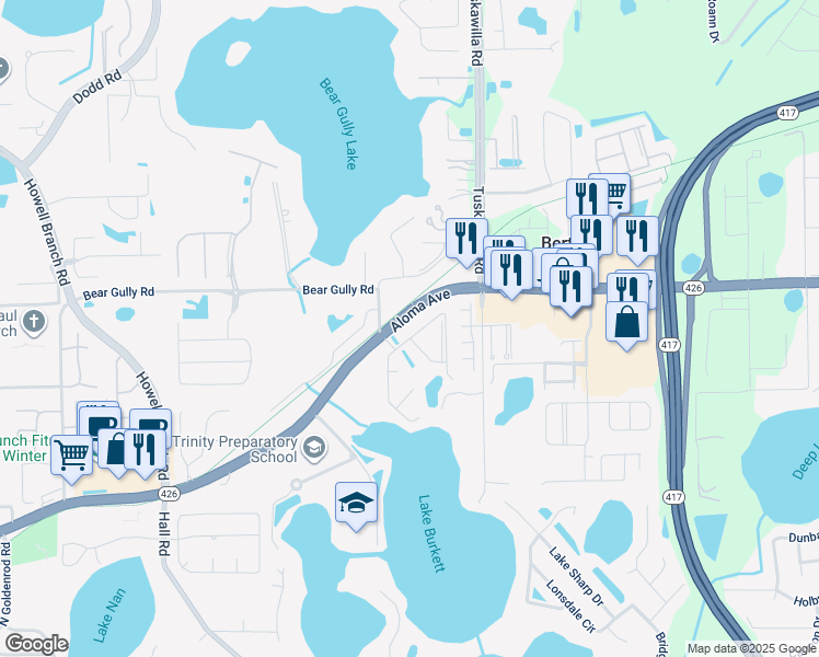 map of restaurants, bars, coffee shops, grocery stores, and more near 8424 Anson Way in Winter Park