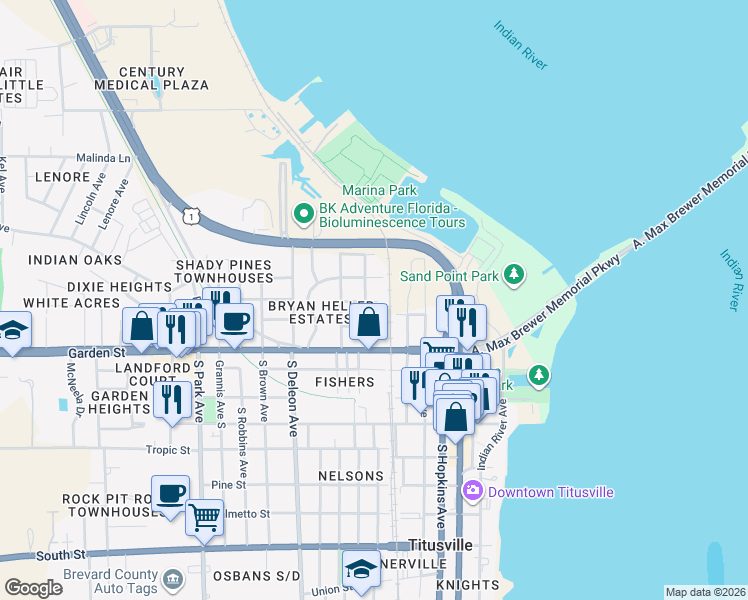 map of restaurants, bars, coffee shops, grocery stores, and more near 525 Titus Street in Titusville