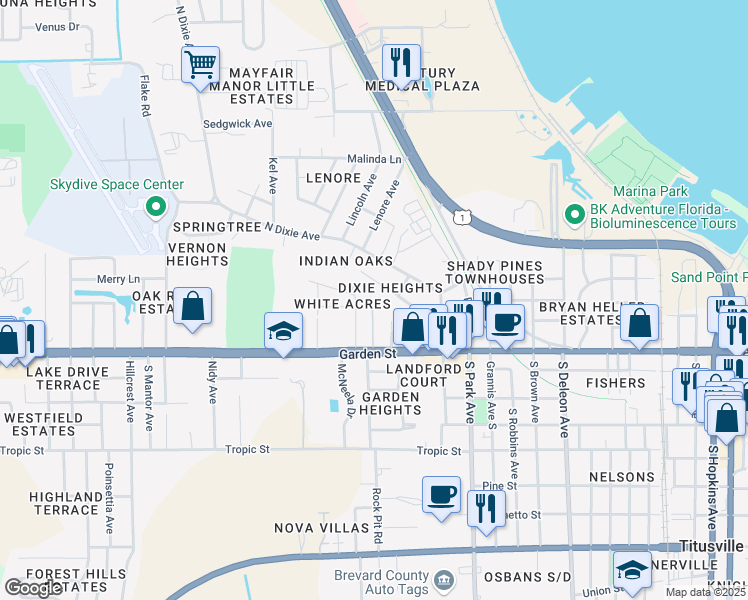 map of restaurants, bars, coffee shops, grocery stores, and more near 34 Forrell Avenue North in Titusville
