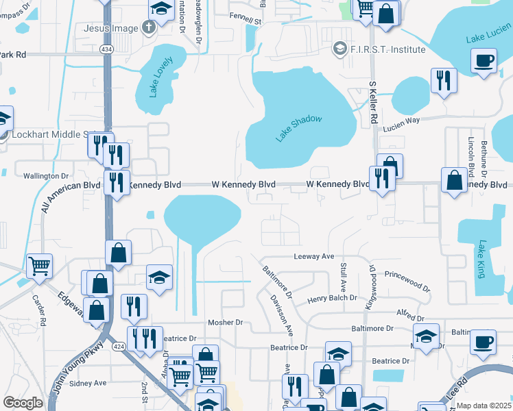 map of restaurants, bars, coffee shops, grocery stores, and more near 140 Kingston Court in Orlando