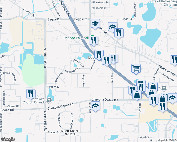 map of restaurants, bars, coffee shops, grocery stores, and more near 5039 Palamino Way in Orlando