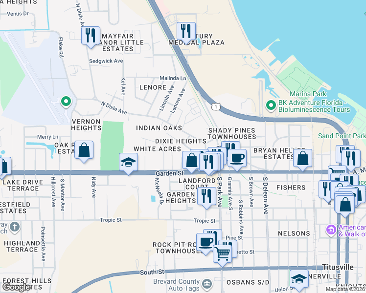 map of restaurants, bars, coffee shops, grocery stores, and more near 1565 Violet Avenue in Titusville