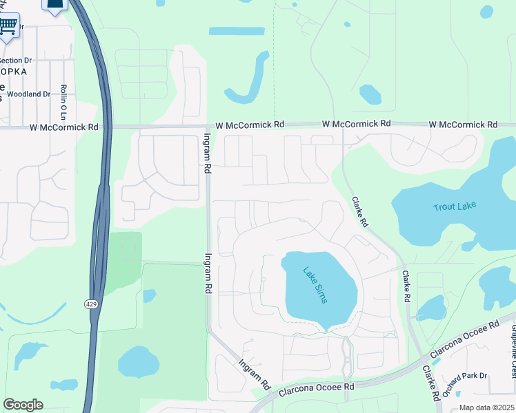 map of restaurants, bars, coffee shops, grocery stores, and more near 2106 Lake Sims Parkway in Ocoee