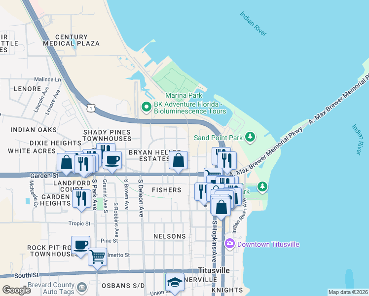 map of restaurants, bars, coffee shops, grocery stores, and more near 525 Titus Street in Titusville