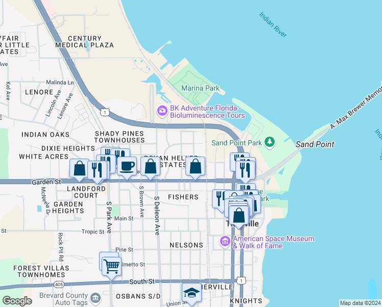 map of restaurants, bars, coffee shops, grocery stores, and more near 600 Titus Street in Titusville