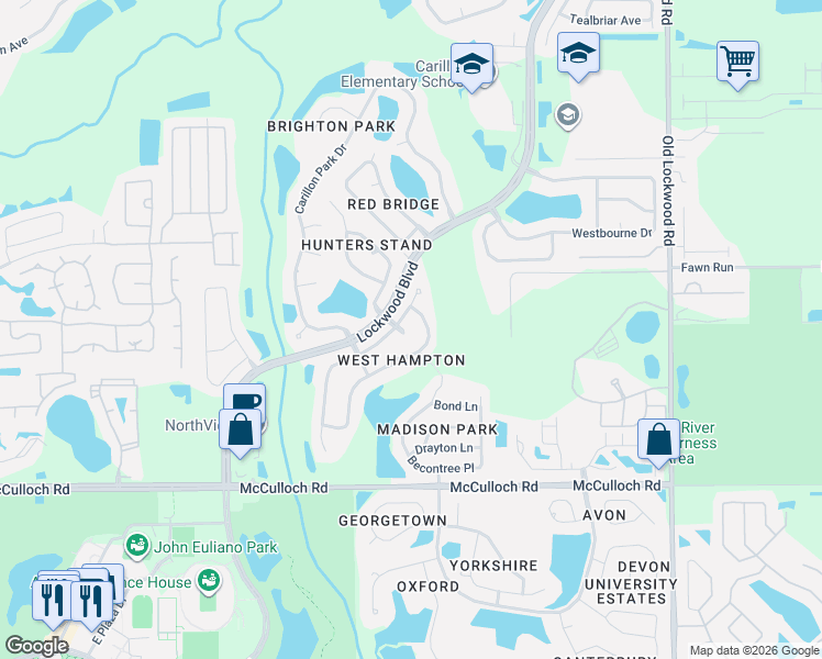 map of restaurants, bars, coffee shops, grocery stores, and more near 1432 Hampstead Terrace in Oviedo
