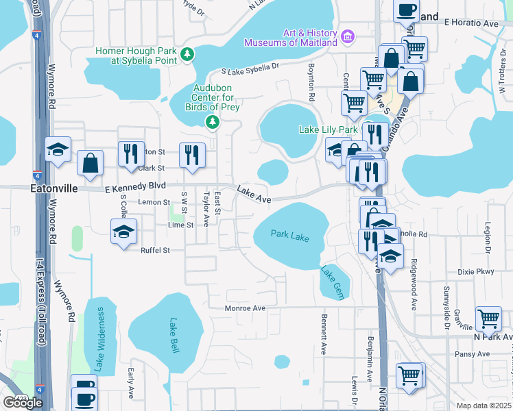 map of restaurants, bars, coffee shops, grocery stores, and more near 940 Park Lake Circle in Maitland