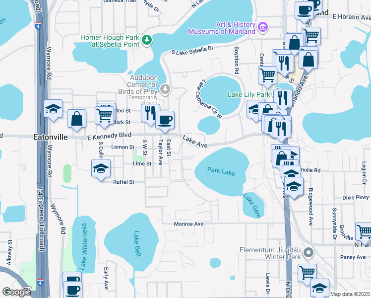 map of restaurants, bars, coffee shops, grocery stores, and more near 940 Park Lake Circle in Maitland