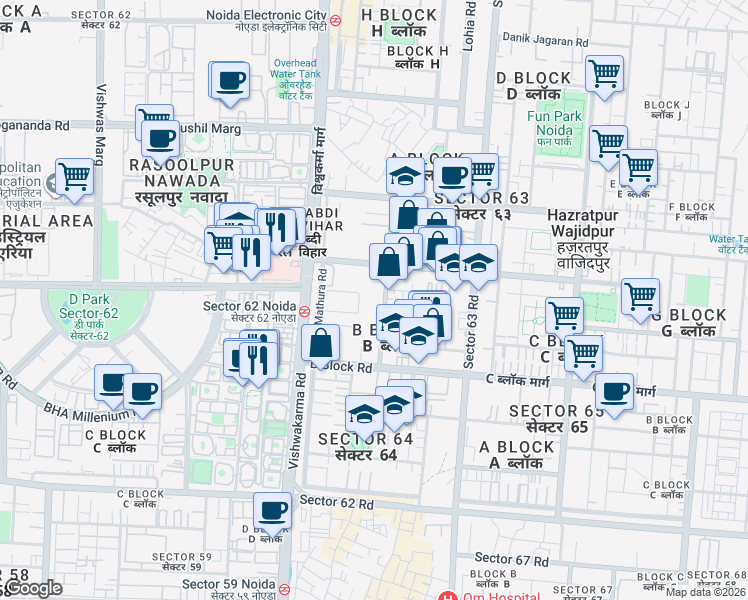 map of restaurants, bars, coffee shops, grocery stores, and more near in Noida