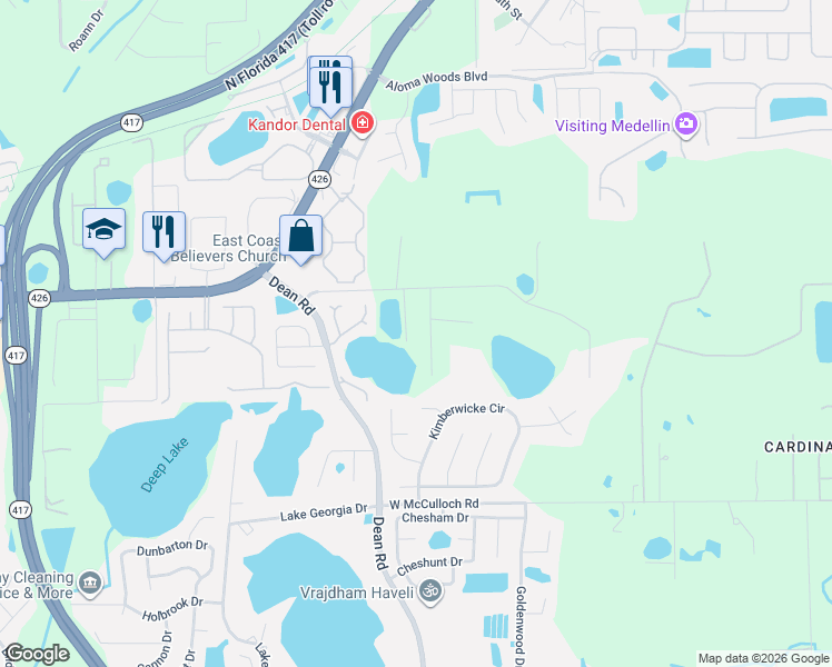 map of restaurants, bars, coffee shops, grocery stores, and more near 5550 Pine Hollow Trail in Oviedo