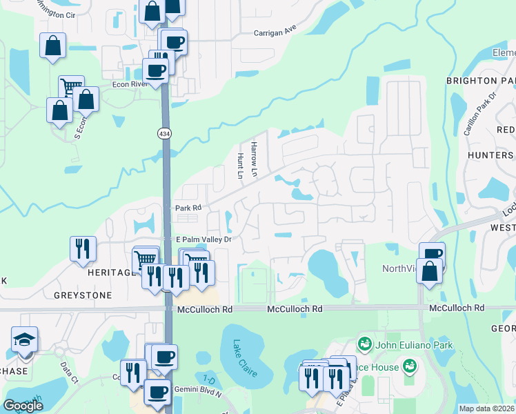 map of restaurants, bars, coffee shops, grocery stores, and more near 385 East Palm Valley Drive in Oviedo