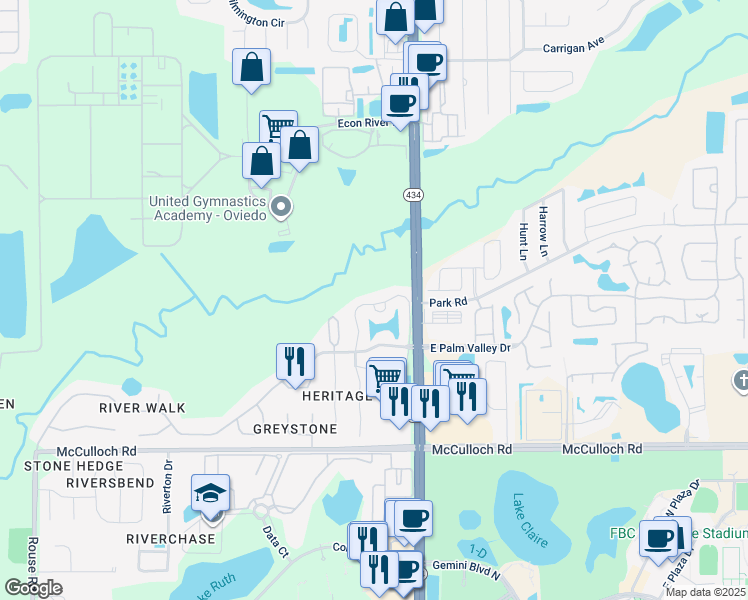 map of restaurants, bars, coffee shops, grocery stores, and more near 121 Reserve Circle in Oviedo