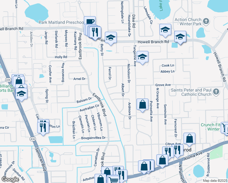 map of restaurants, bars, coffee shops, grocery stores, and more near 3001 Nicholson Drive in Winter Park