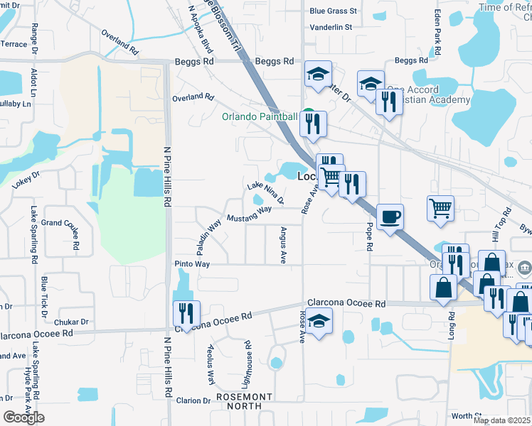 map of restaurants, bars, coffee shops, grocery stores, and more near 5117 Palamino Way in Orlando