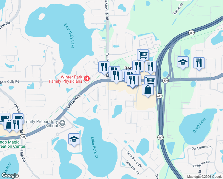 map of restaurants, bars, coffee shops, grocery stores, and more near 5274 Calabash Place in Oviedo