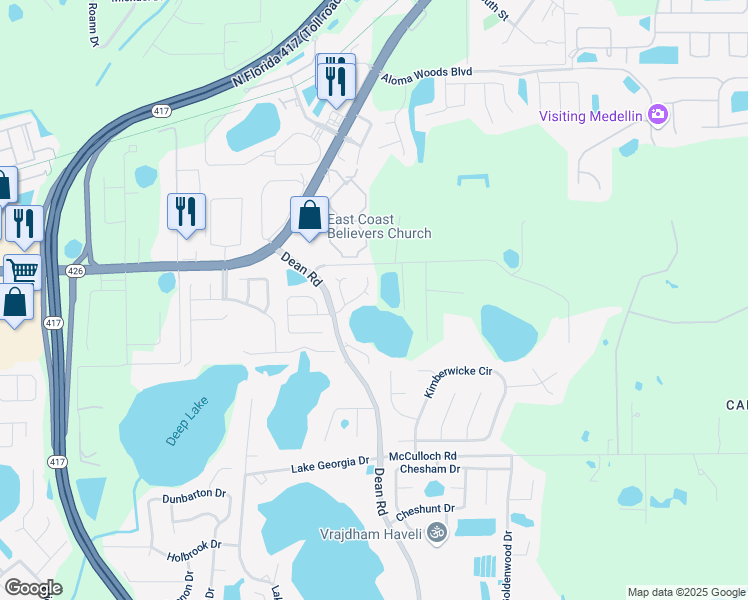 map of restaurants, bars, coffee shops, grocery stores, and more near 9963 Aloma Bend Lane in Oviedo