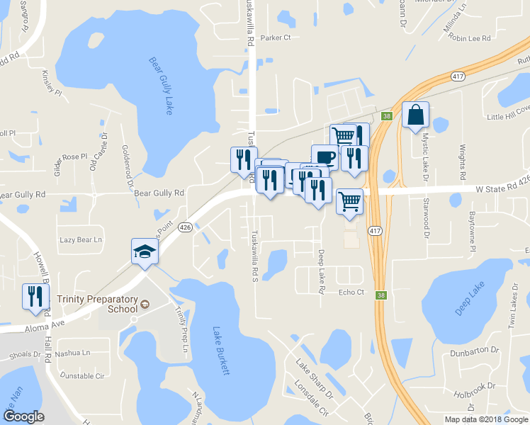map of restaurants, bars, coffee shops, grocery stores, and more near 5254 Calabash Place in Oviedo