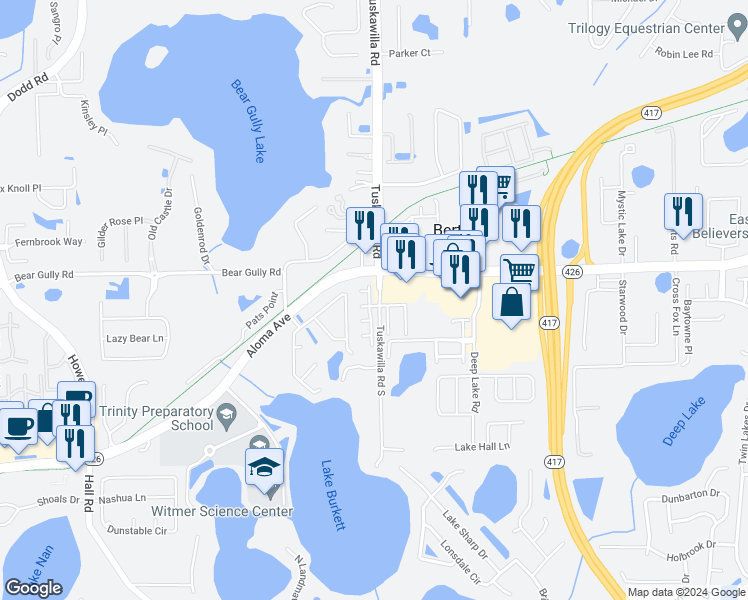map of restaurants, bars, coffee shops, grocery stores, and more near 5084 Kingscrest Lane in Oviedo