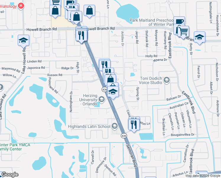 map of restaurants, bars, coffee shops, grocery stores, and more near 1810 East State Road 436 in Apopka