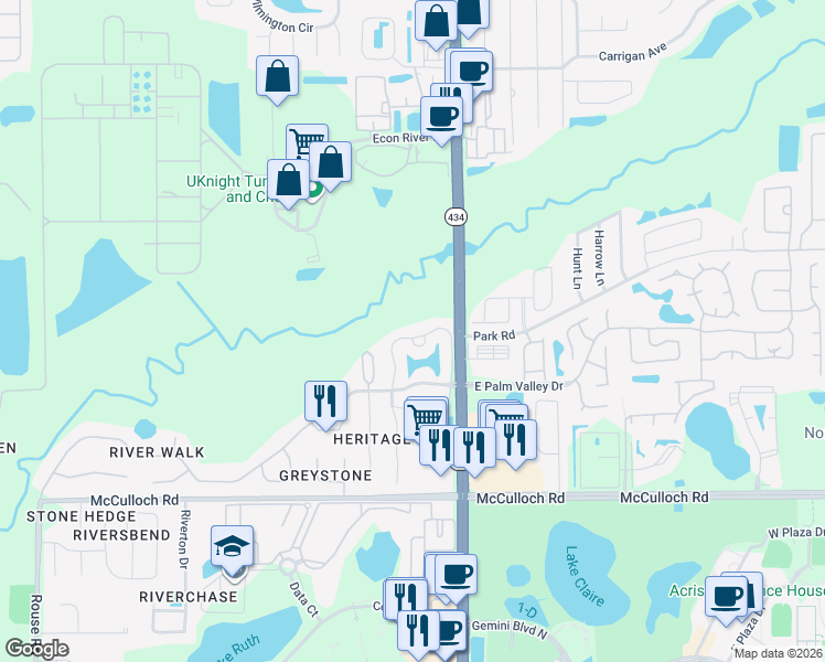 map of restaurants, bars, coffee shops, grocery stores, and more near 132 Reserve Circle in Oviedo