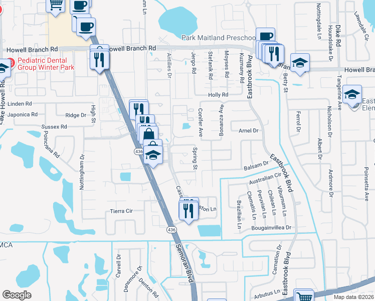 map of restaurants, bars, coffee shops, grocery stores, and more near 1956 Spring Street in Winter Park
