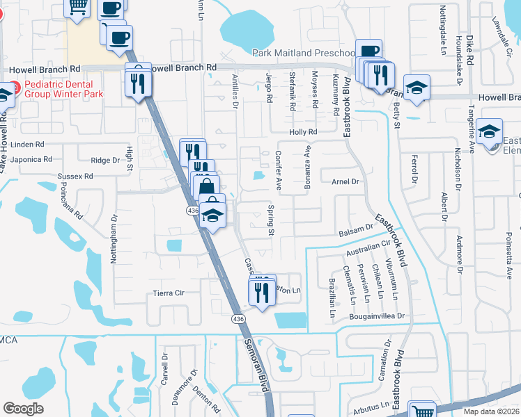map of restaurants, bars, coffee shops, grocery stores, and more near 1956 Spring Street in Winter Park