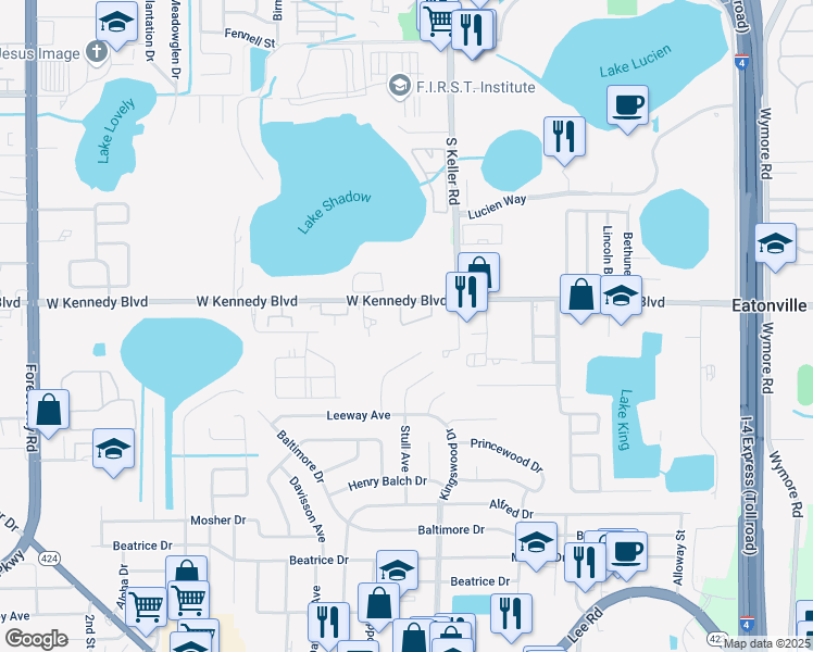 map of restaurants, bars, coffee shops, grocery stores, and more near 5648 Pinerock Road in Orlando