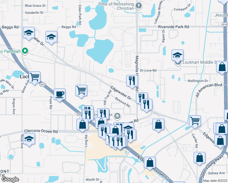 map of restaurants, bars, coffee shops, grocery stores, and more near 6619 Bywood Road in Orlando