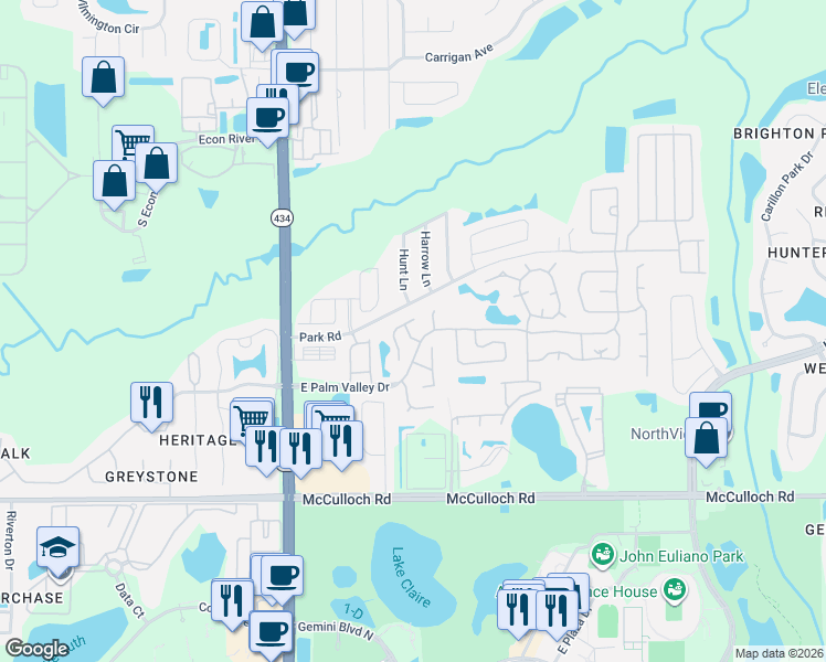 map of restaurants, bars, coffee shops, grocery stores, and more near 385 East Palm Valley Drive in Oviedo