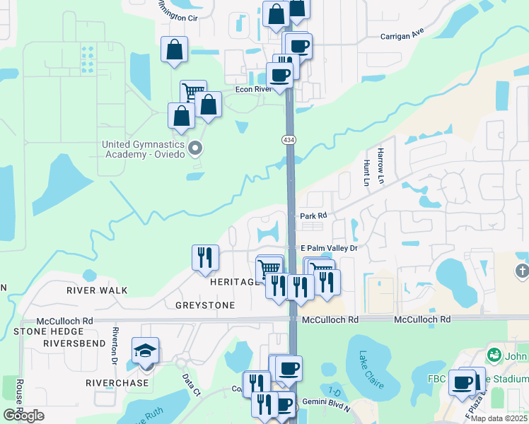map of restaurants, bars, coffee shops, grocery stores, and more near 121 Reserve Circle in Oviedo