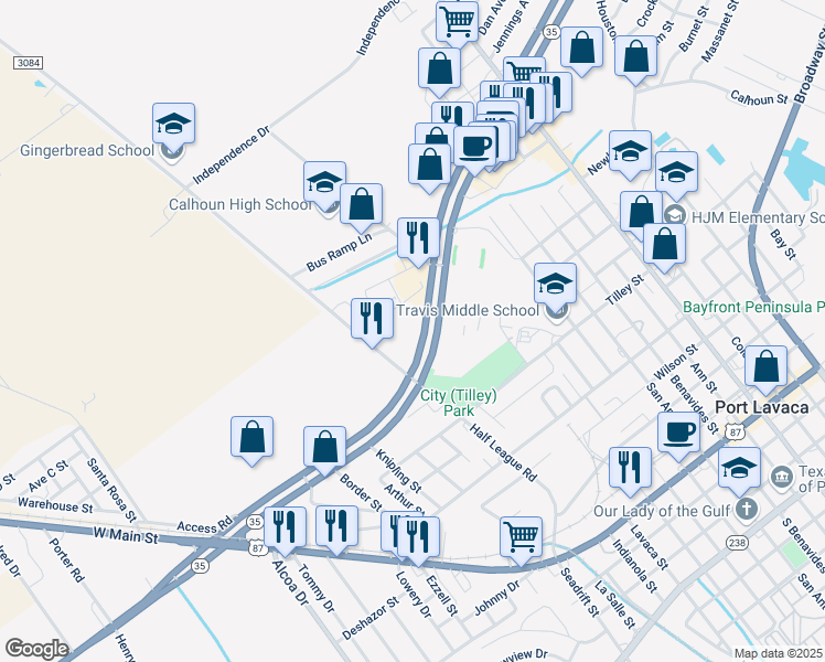 map of restaurants, bars, coffee shops, grocery stores, and more near 900 Texas 35 in Port Lavaca