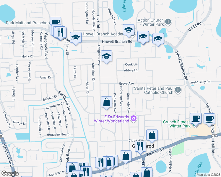 map of restaurants, bars, coffee shops, grocery stores, and more near 5351 Cypress Drive in Winter Park