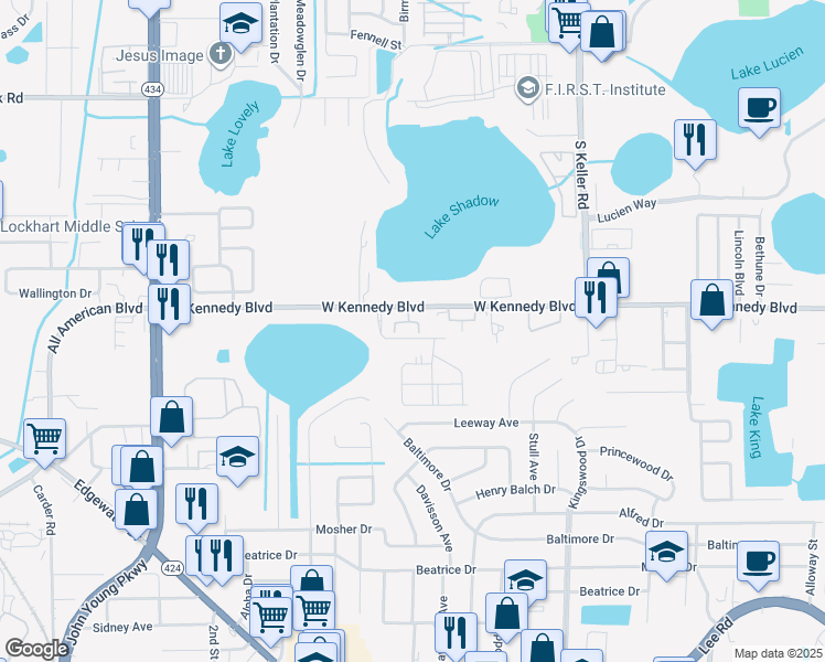 map of restaurants, bars, coffee shops, grocery stores, and more near 140 Kingston Court in Orlando