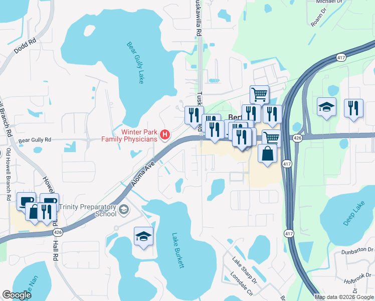 map of restaurants, bars, coffee shops, grocery stores, and more near 5084 Kingscrest Lane in Oviedo