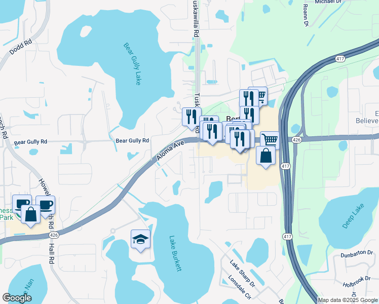 map of restaurants, bars, coffee shops, grocery stores, and more near 5017 Ashford Falls Lane in Oviedo