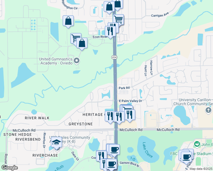 map of restaurants, bars, coffee shops, grocery stores, and more near 117 Reserve Circle in Oviedo
