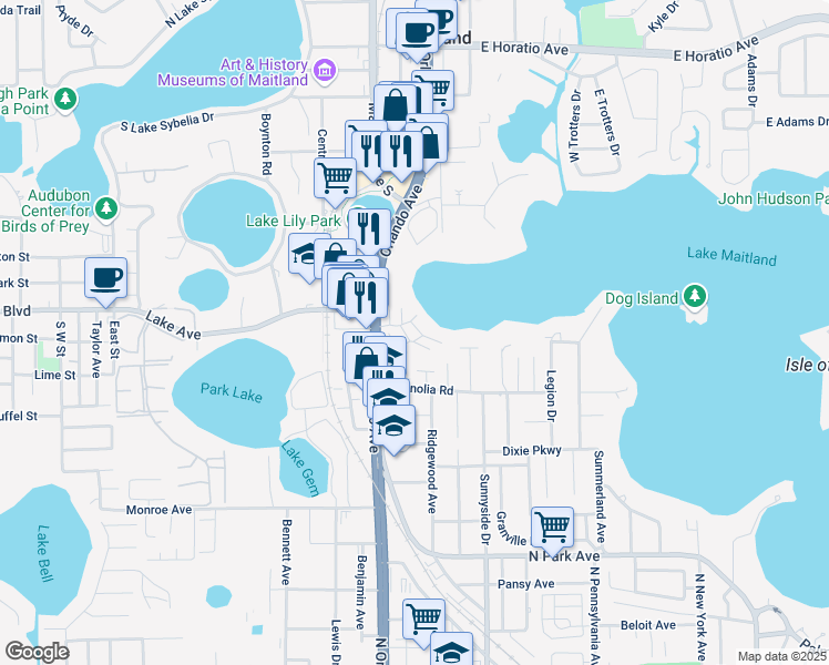 map of restaurants, bars, coffee shops, grocery stores, and more near 1150 South Orlando Avenue in Maitland