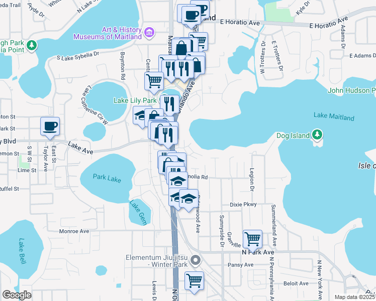 map of restaurants, bars, coffee shops, grocery stores, and more near 1150 South Orlando Avenue in Maitland