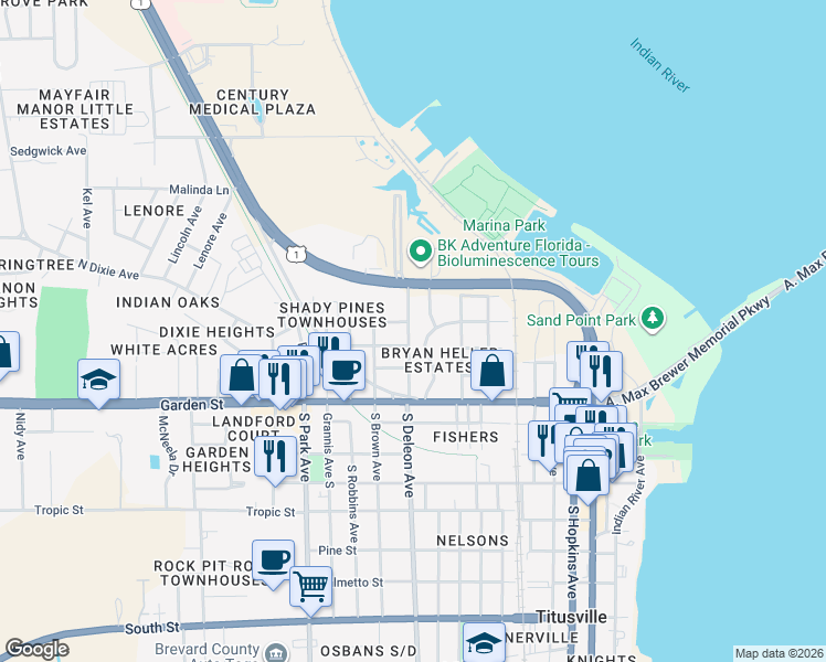 map of restaurants, bars, coffee shops, grocery stores, and more near 207 North Deleon Avenue in Titusville