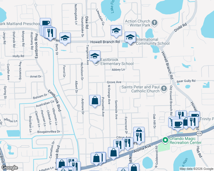 map of restaurants, bars, coffee shops, grocery stores, and more near 5350 Orange Avenue in Winter Park