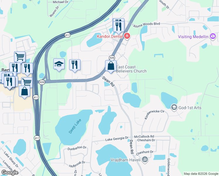 map of restaurants, bars, coffee shops, grocery stores, and more near 5446 County Fair Court in Oviedo