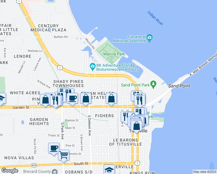 map of restaurants, bars, coffee shops, grocery stores, and more near 307 Lagrange Avenue in Titusville