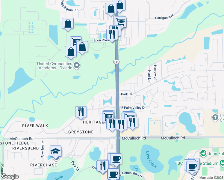 map of restaurants, bars, coffee shops, grocery stores, and more near 139 Reserve Circle in Oviedo