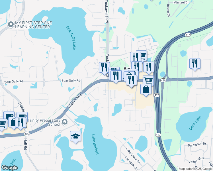 map of restaurants, bars, coffee shops, grocery stores, and more near 2913 Ashford Park Place in Oviedo