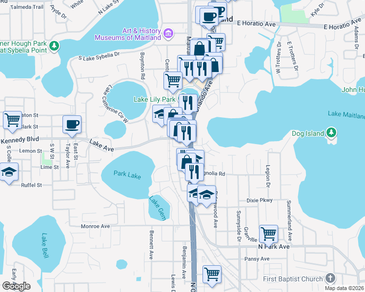 map of restaurants, bars, coffee shops, grocery stores, and more near 120 Lake Avenue in Maitland