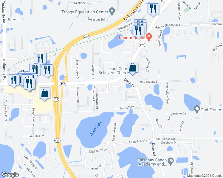 map of restaurants, bars, coffee shops, grocery stores, and more near 5340 Birchbend Loop in Oviedo