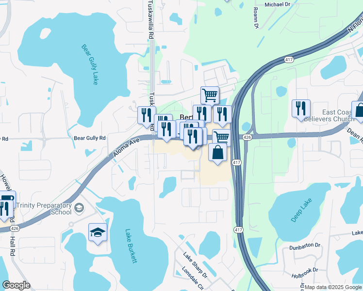 map of restaurants, bars, coffee shops, grocery stores, and more near 3607 Aloma Avenue in Oviedo