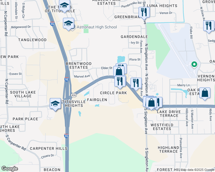 map of restaurants, bars, coffee shops, grocery stores, and more near 284 West Towne Place in Titusville